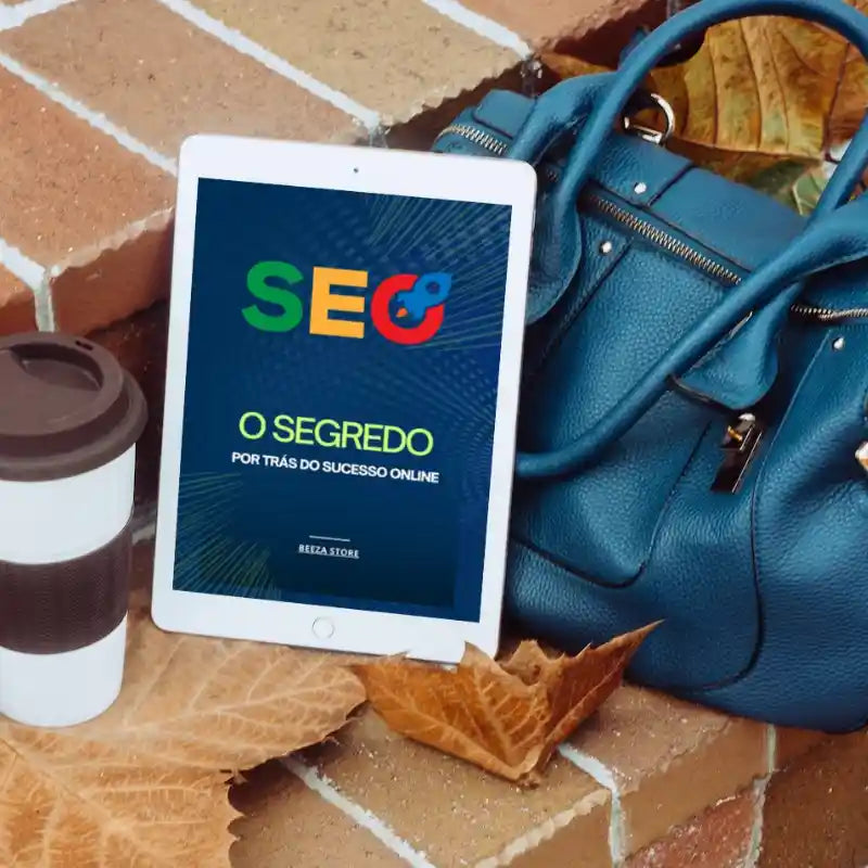 ebook SEO o segredo por trás do sucesso no tablet ao lado de uma bolsa e um café 